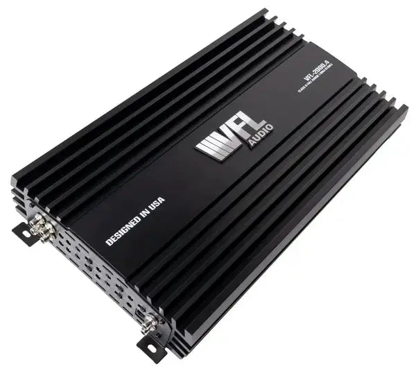 VFL Audio 2000.4 amplifier at an angle with its black finned housing and RCA connection panel.
