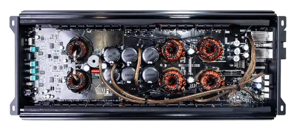 VFL Stealth 5500.1D amplifier interior with copper coils and long cable runs
