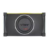 Front view of a VIBE subwoofer enclosure with a round mesh grille, yellow top trim and black corner brackets