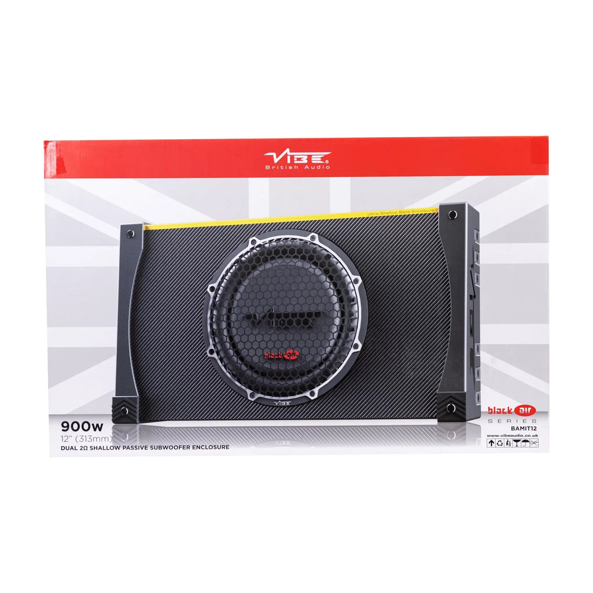 Front of a VIBE Black Air BAMIT12 box showing a grille-covered enclosure and 12-inch, dual-2-ohm markings