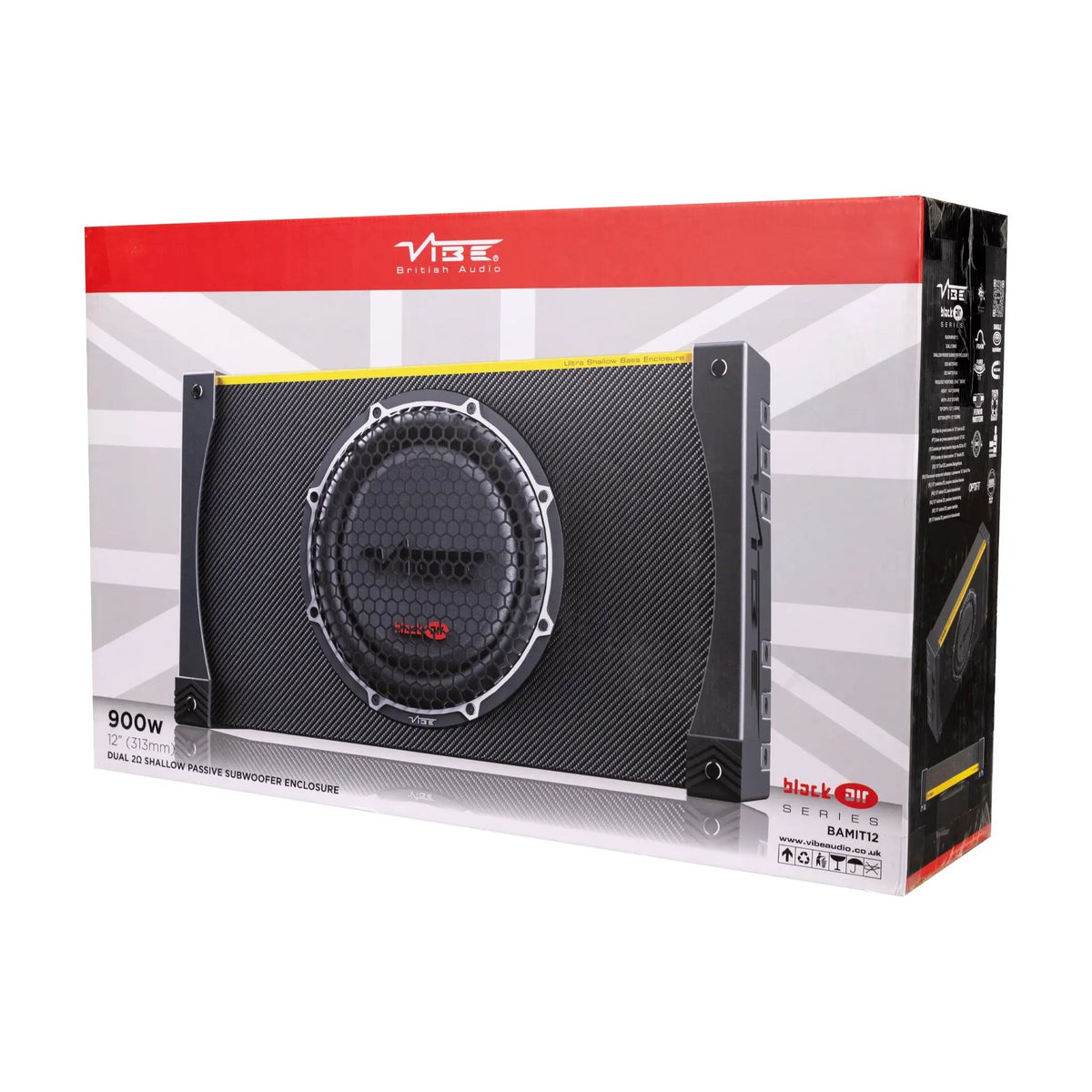 VIBE Black Air retail box showing the subwoofer enclosure on the front and feature panel on the right
