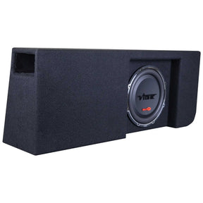 Black carpeted VIBE subwoofer enclosure with an offset speaker and rectangular port at the opposite end