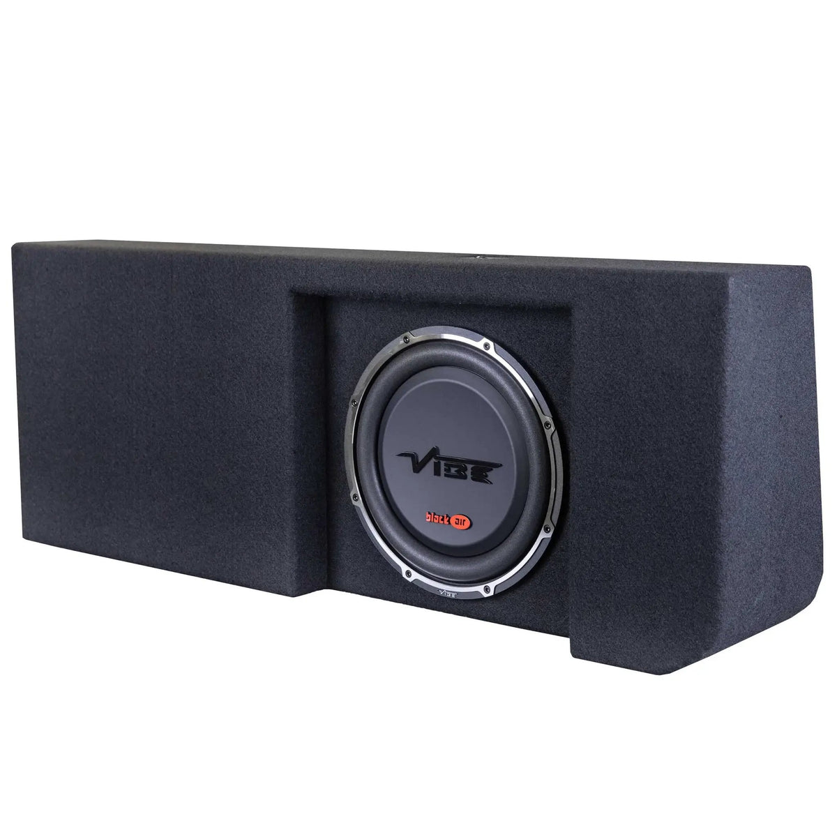 Angled front view of a black carpeted enclosure with a recessed VIBE subwoofer
