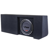 Angled front view of a black carpeted enclosure with a recessed VIBE subwoofer