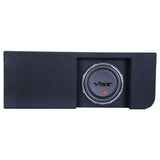 Straight-on view of a long black carpeted enclosure with an offset recessed VIBE subwoofer