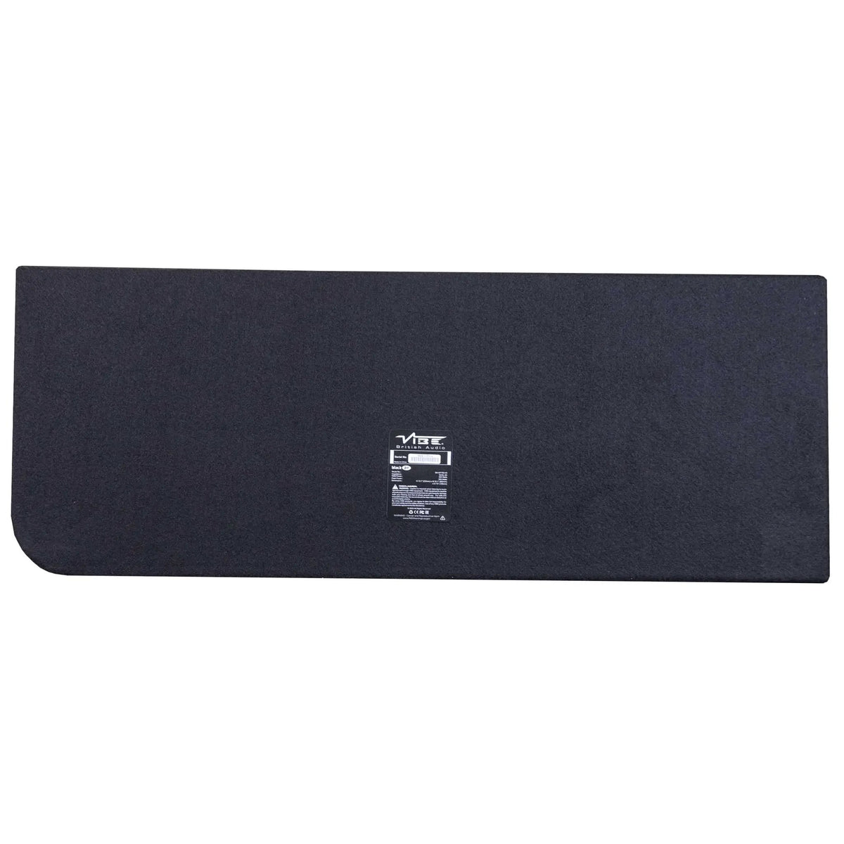 Rear view of a black carpeted VIBE subwoofer enclosure with a small specification label
