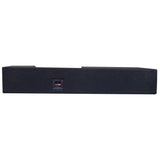 Rear view of a long black carpeted subwoofer enclosure with a recessed terminal cup