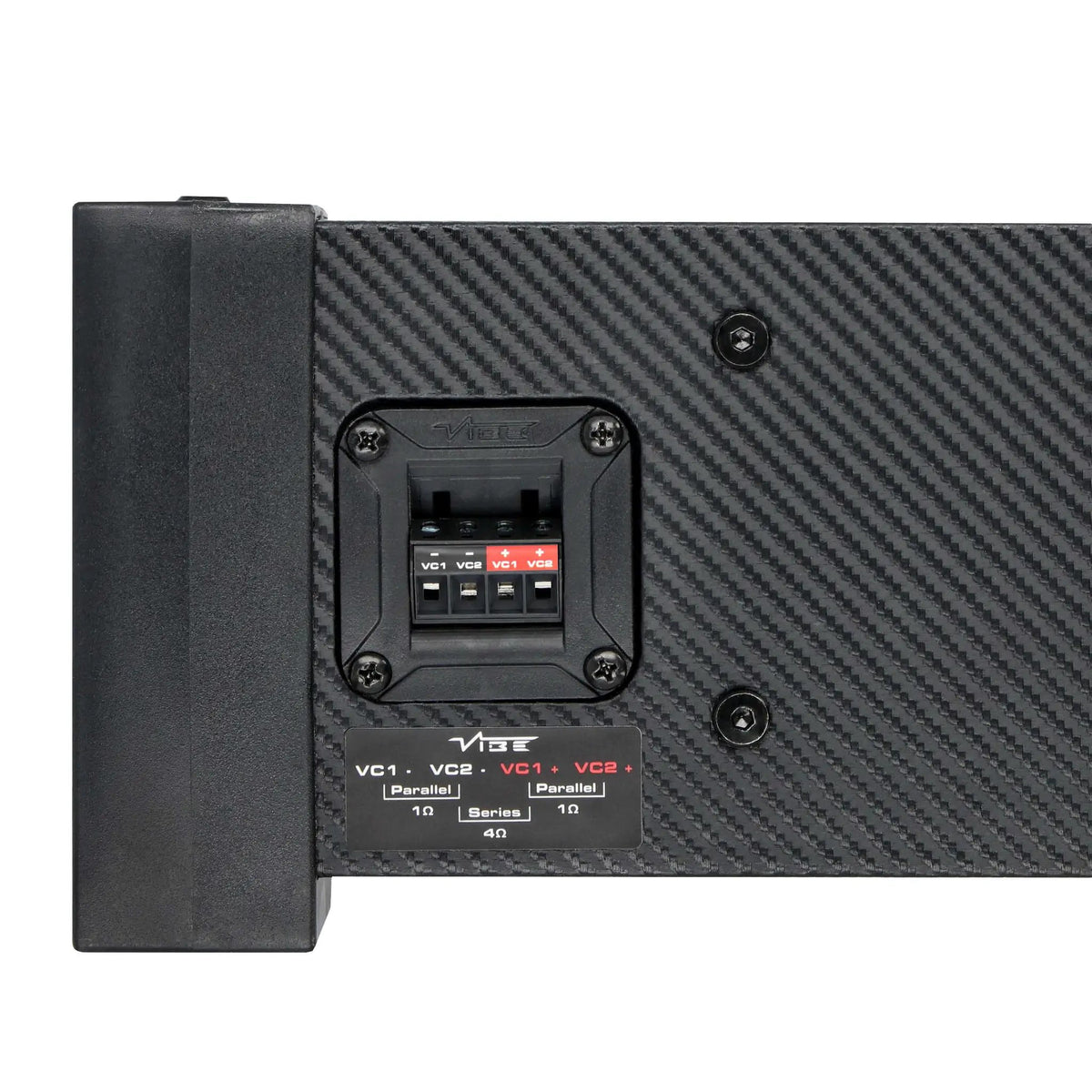 VIBE subwoofer terminals with a printed guide showing 1-ohm parallel and 4-ohm series voice-coil wiring