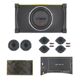 VIBE enclosure and speaker set laid out with mounting template, sound-treatment sheet and wiring hardware