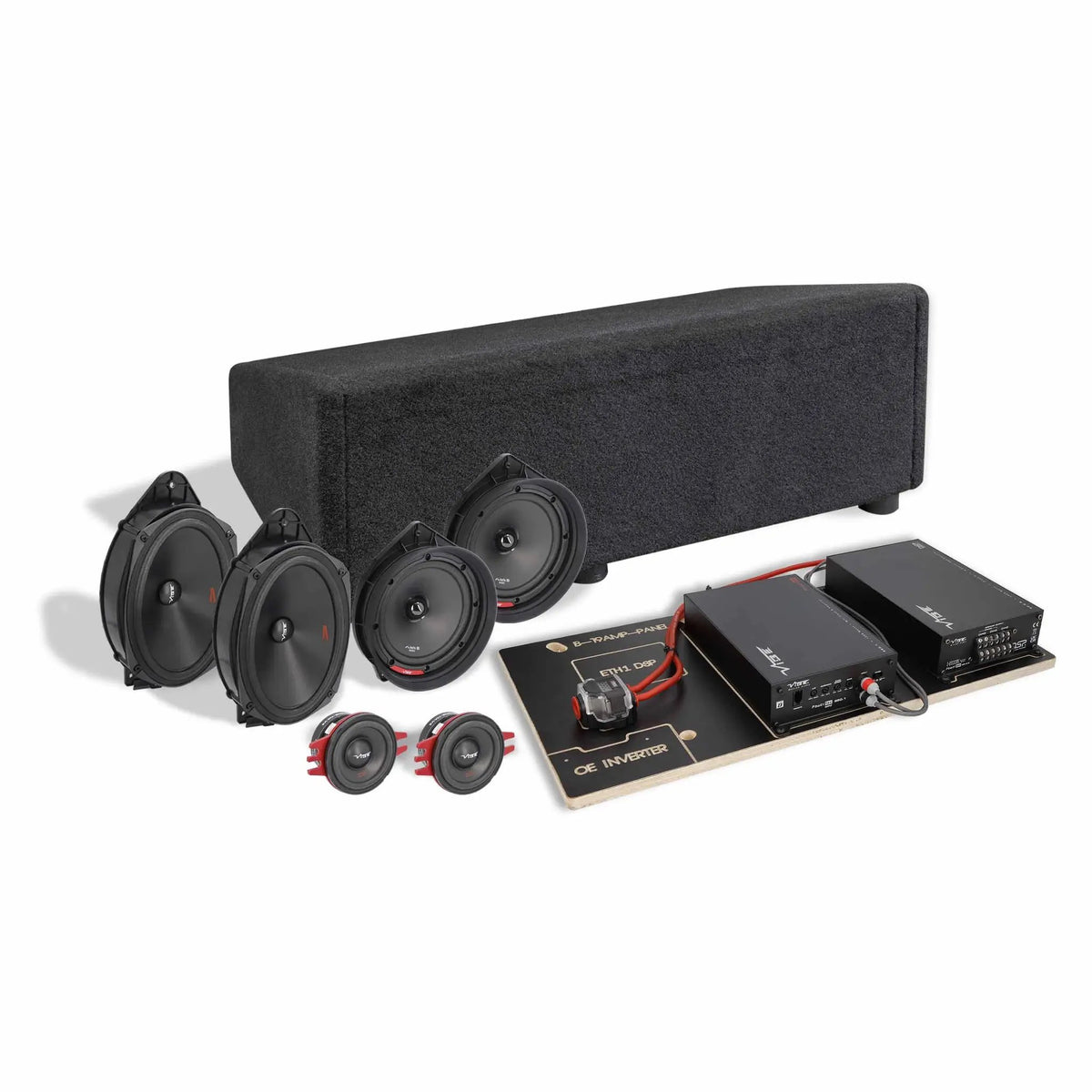 VIBE audio kit with a carpeted enclosure, oval and round speakers, tweeters and two mounted amplifiers