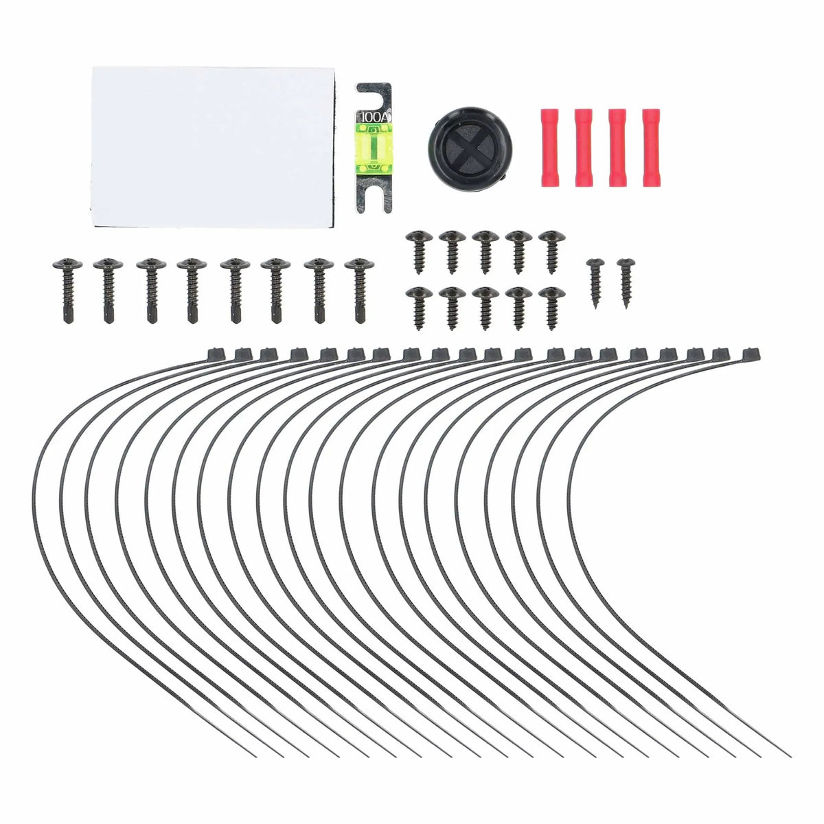 Audio installation hardware including screws, cable ties, a fuse, grommet and red wire connectors