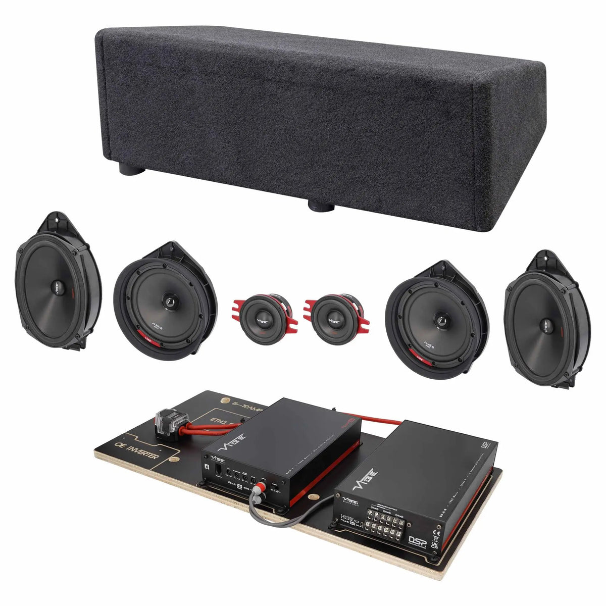 VIBE audio components with a carpeted enclosure, oval and round speakers, tweeters and a prewired amplifier board