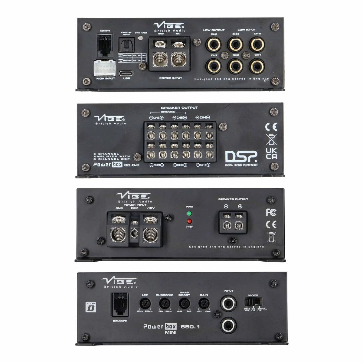 VIBE Powerbox 80.6-8 DSP and 650.1 Mini amplifier panels, showing power, speaker and signal connections