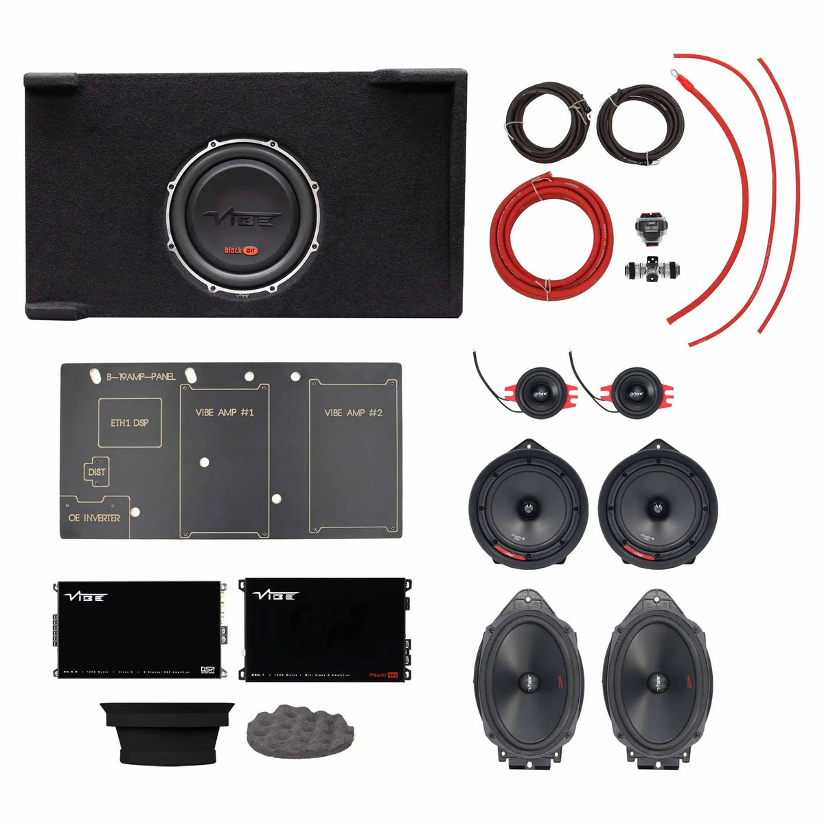 VIBE audio kit laid out with a subwoofer enclosure, four speakers, tweeters, amplifiers, mounting panel and wiring