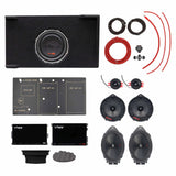 VIBE audio kit laid out with a subwoofer enclosure, four speakers, tweeters, amplifiers, mounting panel and wiring