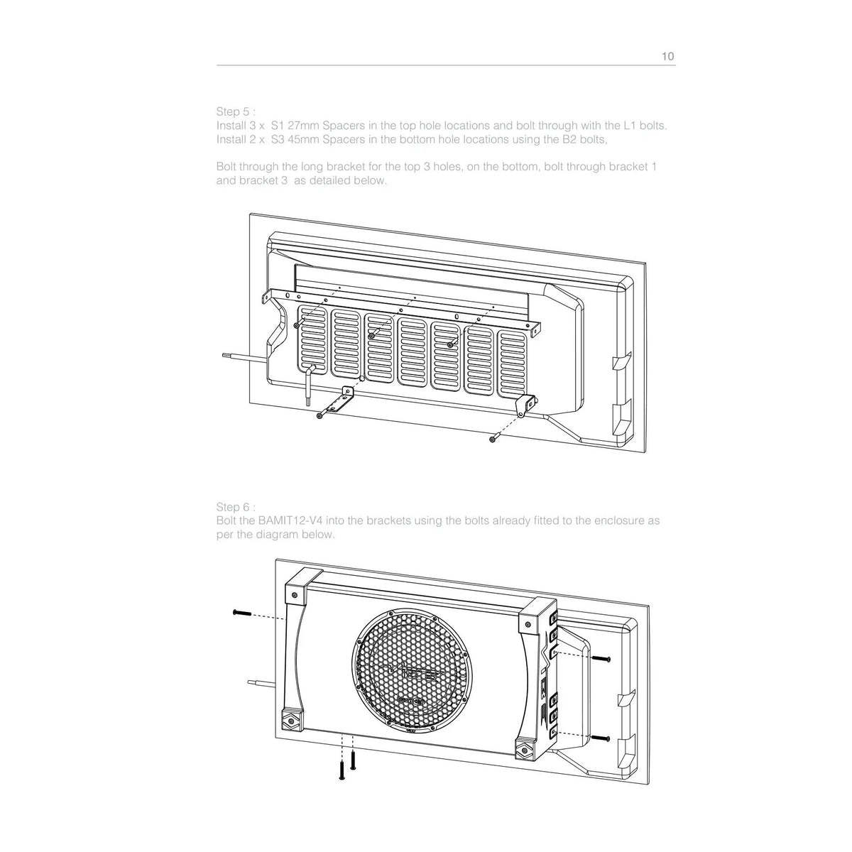 Installation guide showing tailgate spacers and mounting brackets followed by attachment of the BAMIT12-V4 enclosure