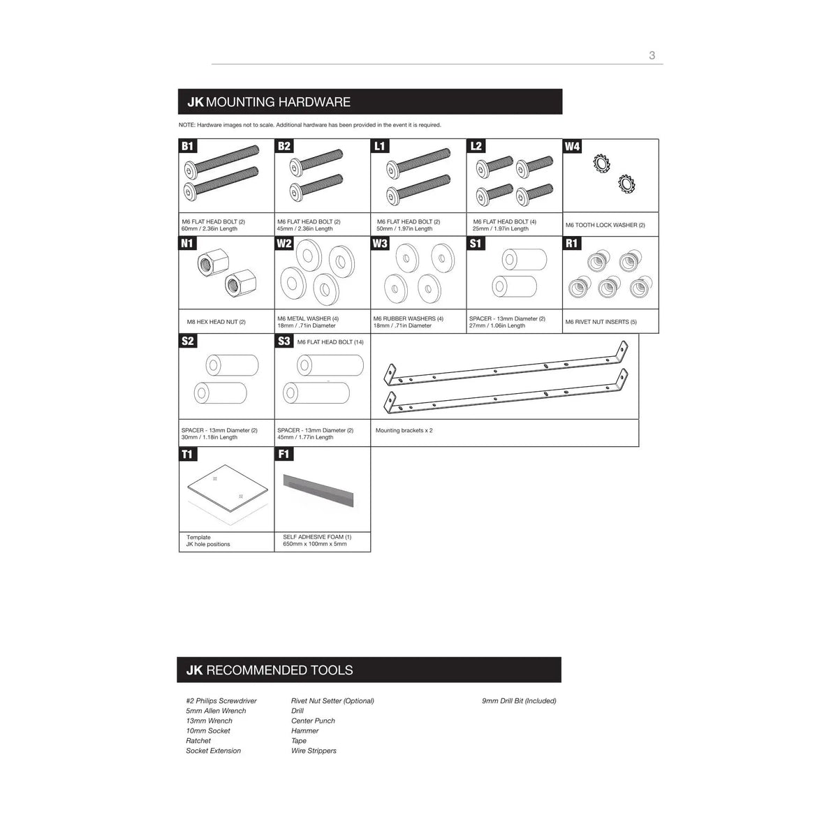 VIBE enclosure installation guide showing Jeep JK mounting brackets, bolts, washers, spacers and recommended tools