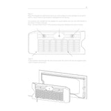 Installation guide showing five tailgate trim-panel drilling points and speaker-wire routing through a vent