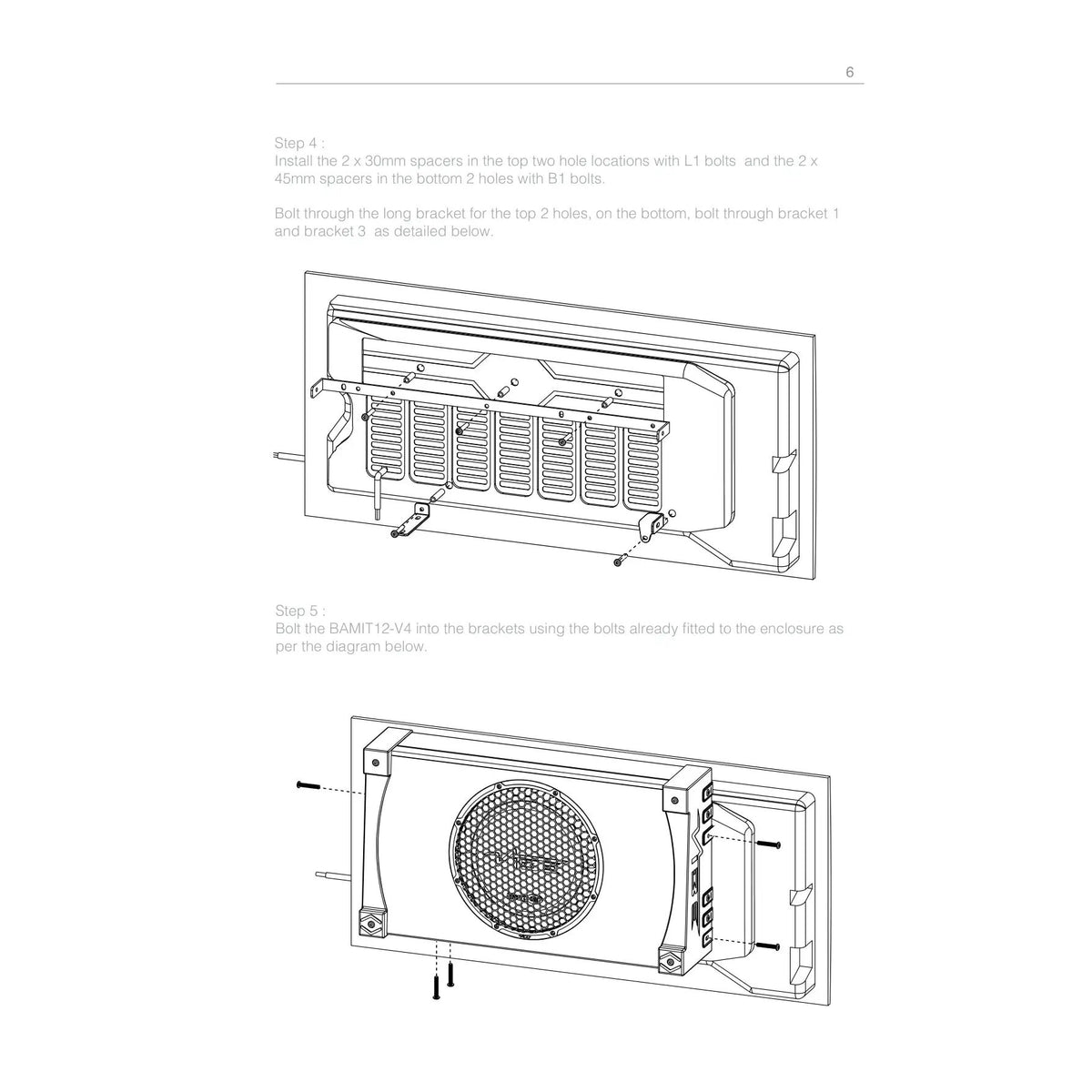 VIBE BAMIT12-V4 installation diagrams showing tailgate spacers and brackets, followed by enclosure mounting