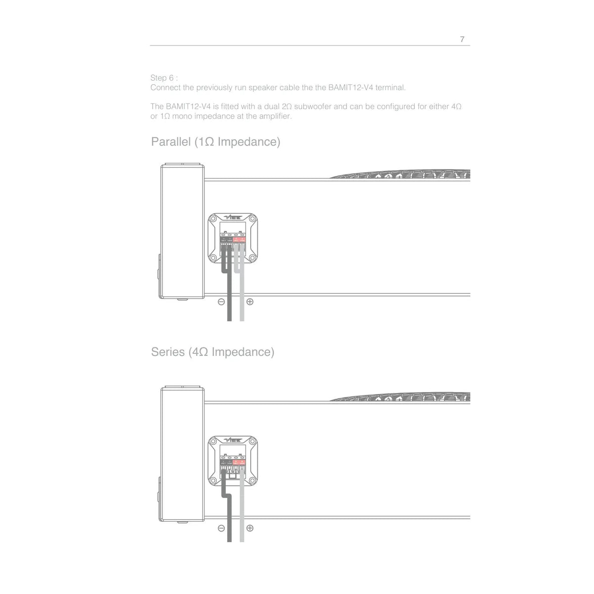 BAMIT12-V4 wiring guide comparing 1-ohm parallel and 4-ohm series terminal connections