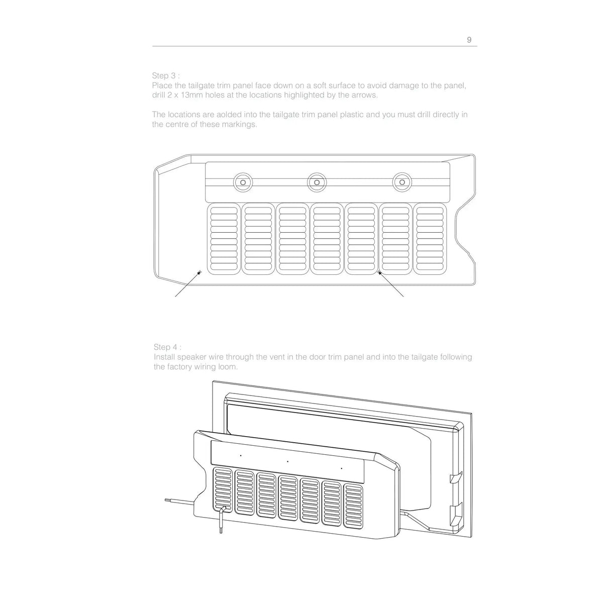 VIBE enclosure installation diagrams marking two tailgate trim holes and the speaker-wire route through the panel
