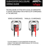 VIBE dual-2-ohm subwoofer wiring guide showing 4-ohm series and 1-ohm parallel connections