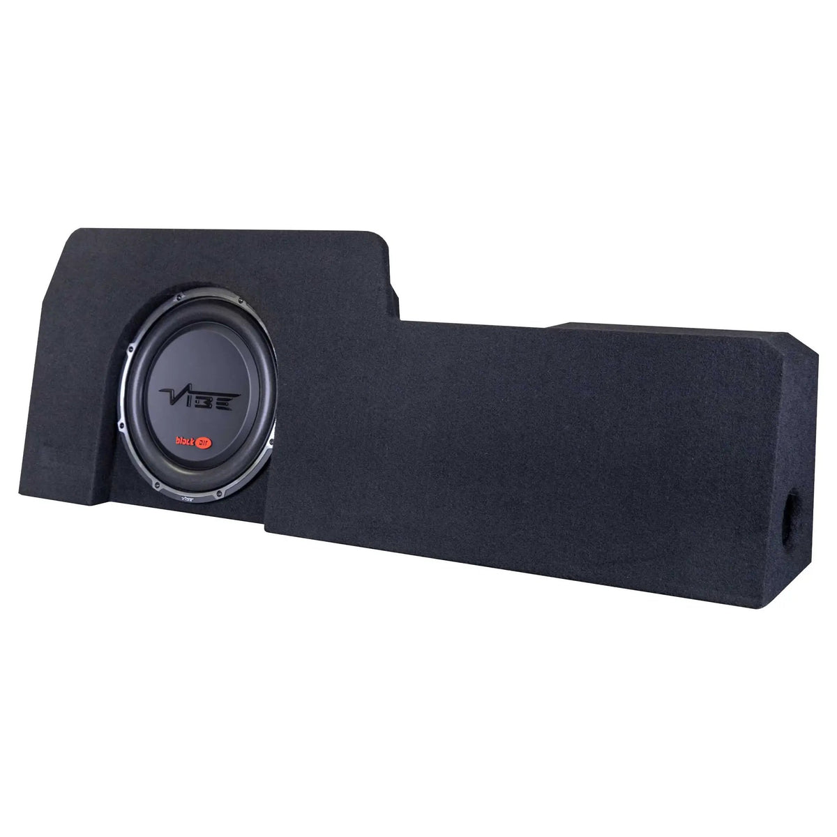 Black carpeted VIBE subwoofer enclosure with an offset speaker, stepped top and side port