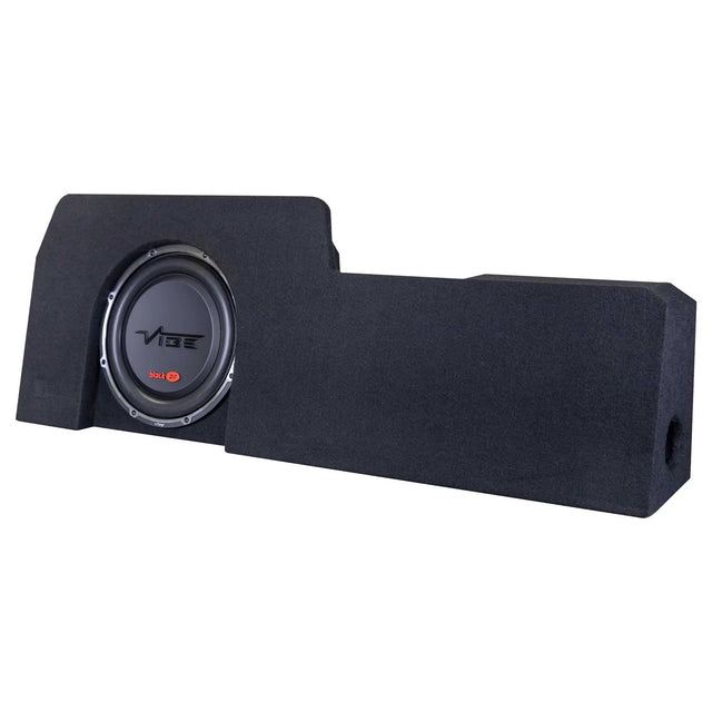 Black carpeted VIBE subwoofer enclosure with an offset speaker, stepped top and side port