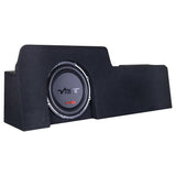 Front of a stepped black carpeted enclosure with an offset VIBE subwoofer
