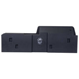 Rear panel of a stepped carpeted enclosure showing recessed mounting points and a VIBE identification label