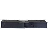 Low rear angle of a long carpeted enclosure with a stepped center section and terminal cup