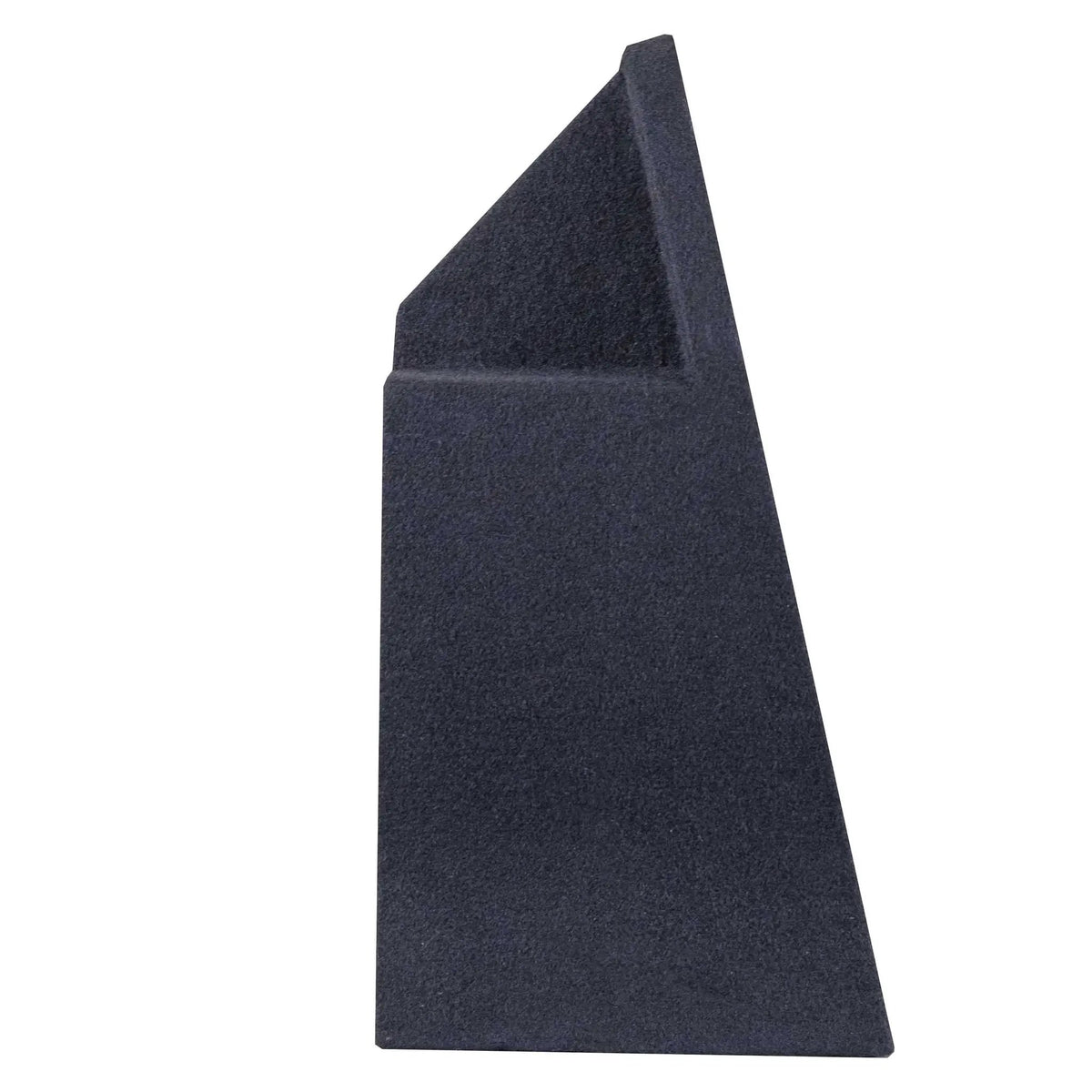Side profile of a black carpeted subwoofer enclosure with a sloped upper section
