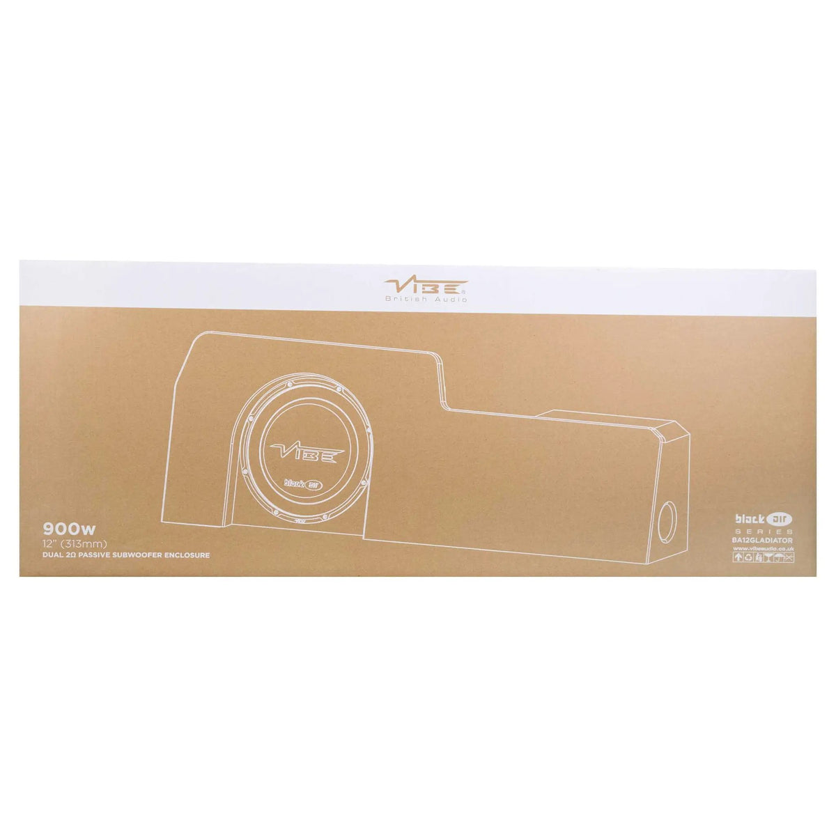 VIBE subwoofer enclosure packaging front with an enclosure illustration and 900W marking