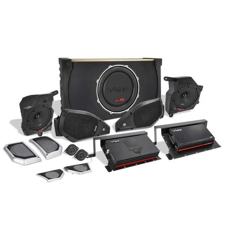 VIBE system layout with a grille-covered subwoofer enclosure, speaker pods, trim grilles and two amplifiers