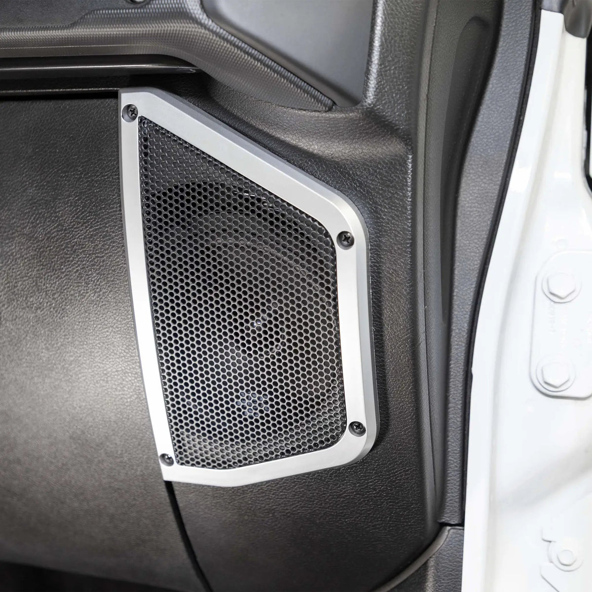 Close-up of a silver-trimmed mesh speaker grille in a vehicle panel beside the open door