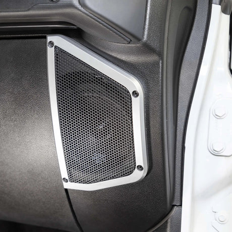 Close-up of a silver-trimmed mesh speaker grille in a vehicle panel beside the open door
