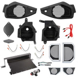 Speaker pods, grilles, subwoofer mounting hardware and wiring accessories for a vehicle audio kit