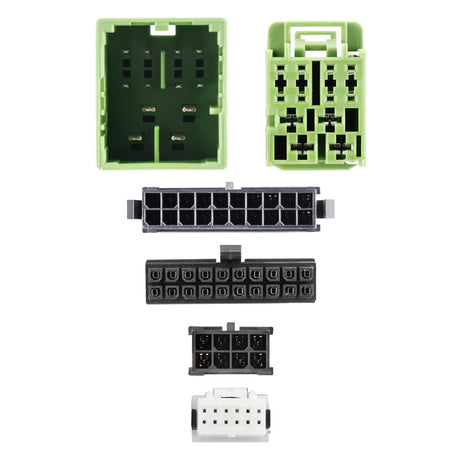 Close-up views of green, black and white wiring connector faces