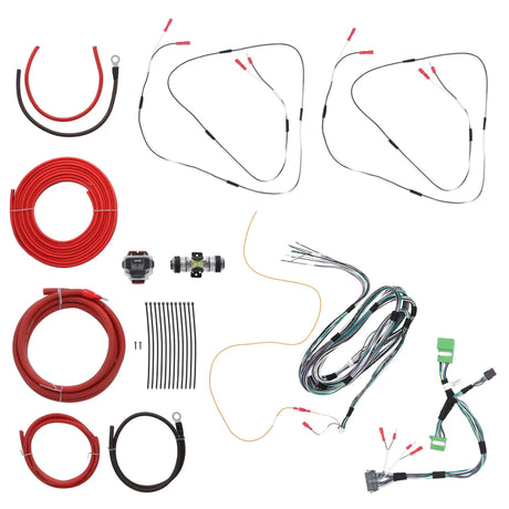 Vehicle audio wiring harnesses, coiled red power cable, fuse holder and cable ties