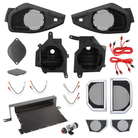 Speaker mounting pods, grilles, amplifier tray and wiring components arranged on a white background