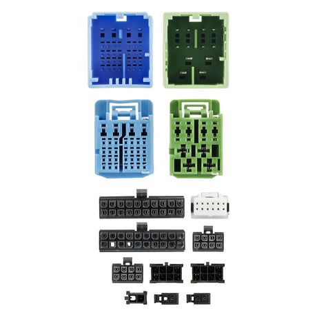 Close-up of blue and green connector faces with black and white harness plugs