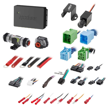 Axxess interface kit with remote knob, bracket, colored wiring plugs, fuse holders and cable terminals