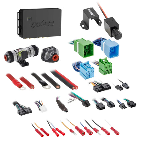 Angled layout of an Axxess interface module, remote knob, wiring connectors, fuse holders and cable terminals