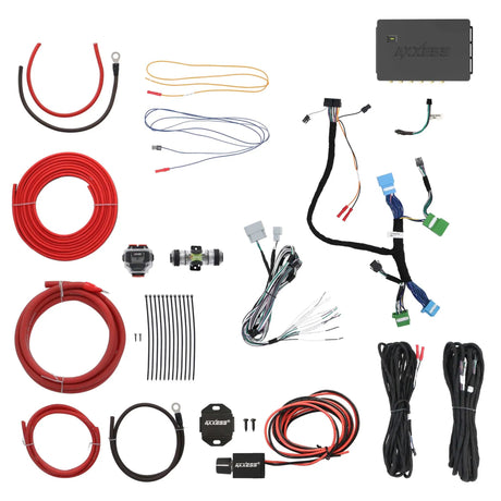 Audio wiring kit with red power cables, harnesses, an interface module, fuse components and cable ties
