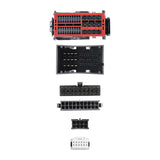 Red and black connector faces with white and black harness adapters