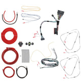 Vehicle audio wiring set with coiled red power cable and bundled connector harnesses