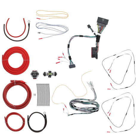 Vehicle audio wiring set with coiled red power cable and bundled connector harnesses