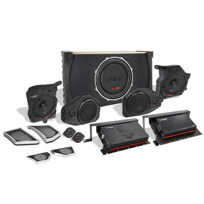 VIBE audio kit with a subwoofer enclosure, two amplifiers, speakers, tweeters and replacement grilles