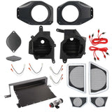 Speaker mounting housings, replacement grilles, wiring adapters, red RCA cables and an amplifier mounting tray