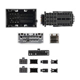 Close-up layout of large and small black, gray and brown wiring-connector faces